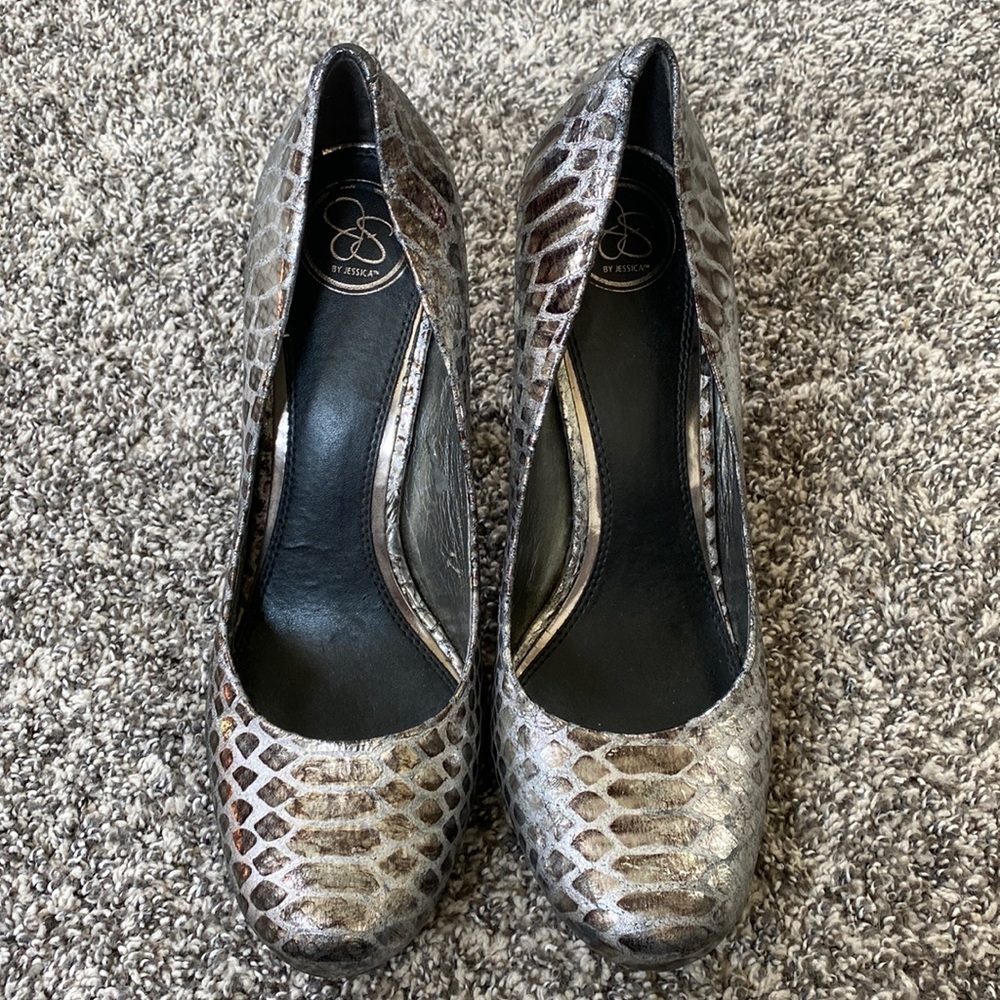 GUC JS by Jessica Simpson JP Oscar Leather Snake Skin 4” Heels 8 1/2
